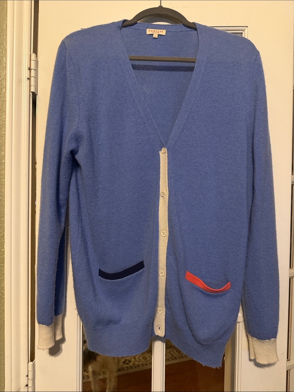 Blue V-Neck Cardigan with Contrast Pocket Accents
